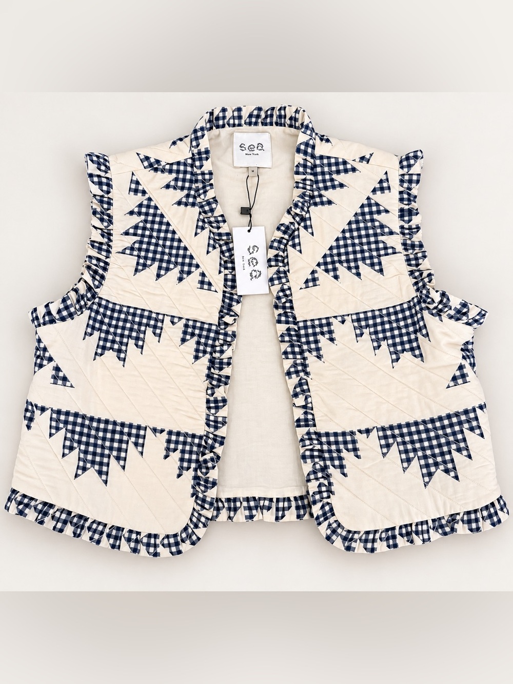 NWT Sea New York Gloucester Gingham Quilted Ruffle Vest Medium
